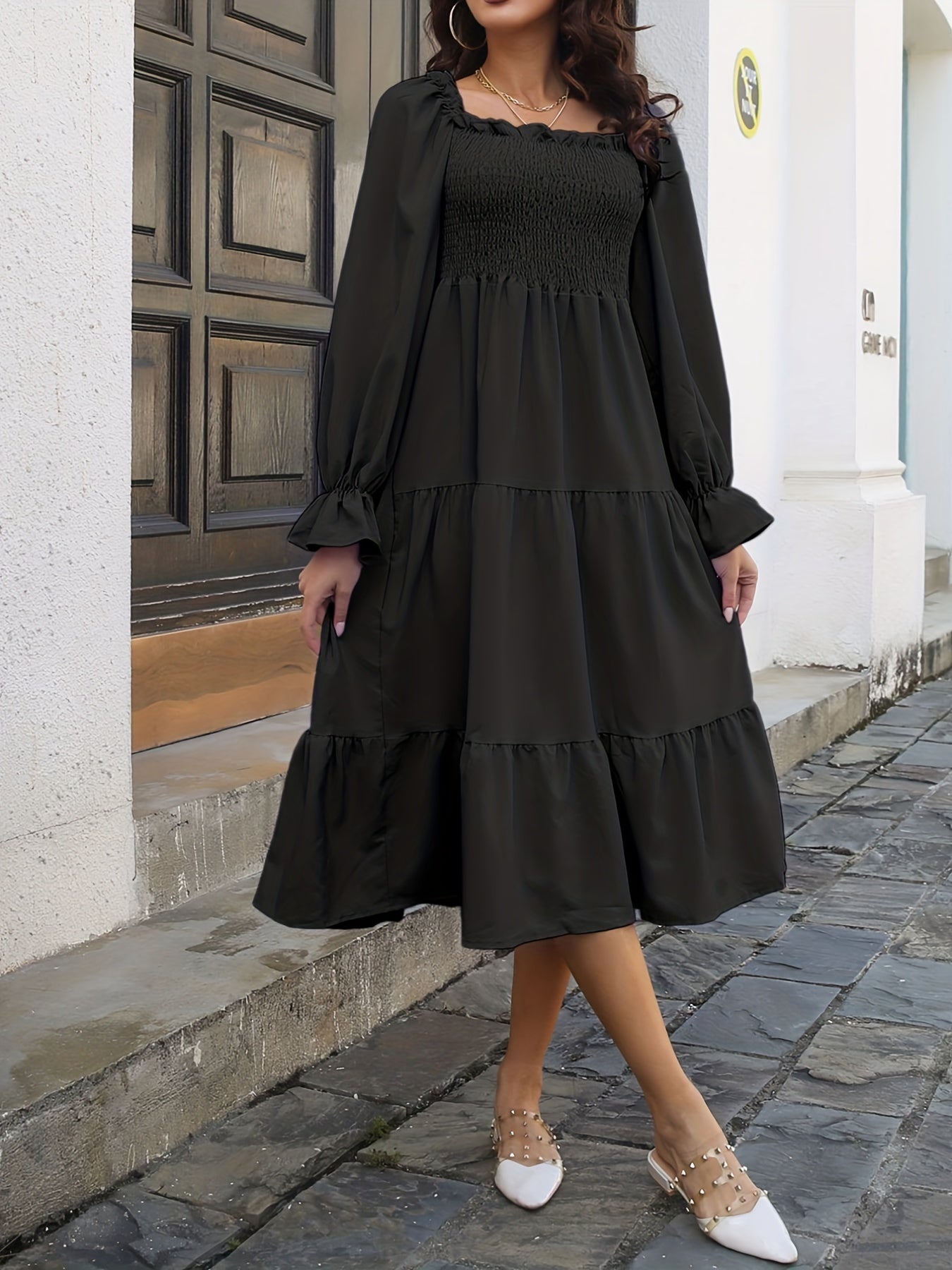 Antmvs Solid Ruffle Trim Dress, Casual Squared Neck Shirred Long Sleeve Dress, Women's Clothing