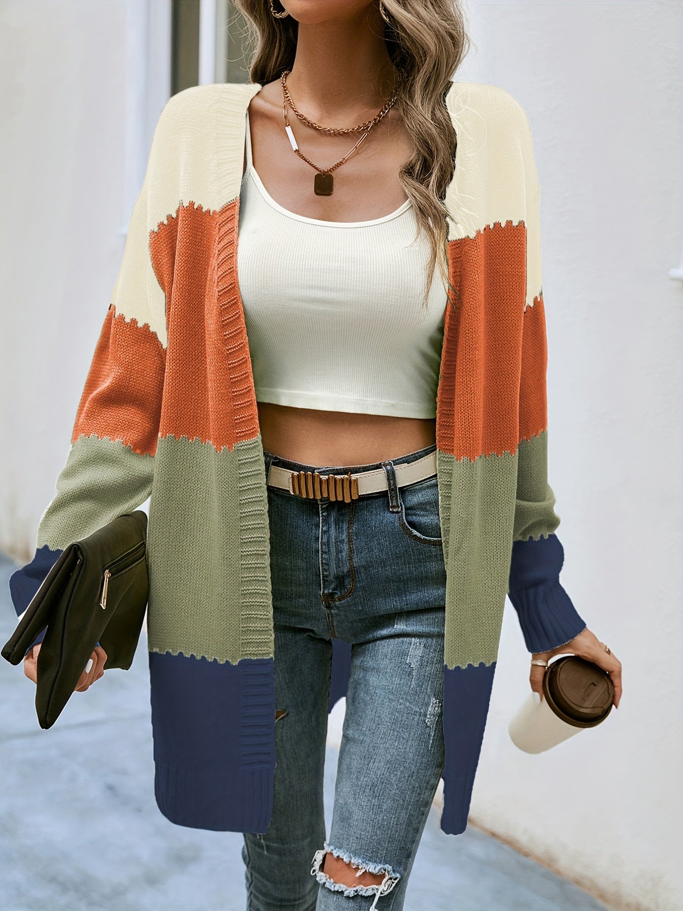 Antmvs V-neck Loose Striped Color Block Cardigans, Casual Drop Shoulder Long Sleeve Fall Winter Knit Cardigan, Women's Clothing