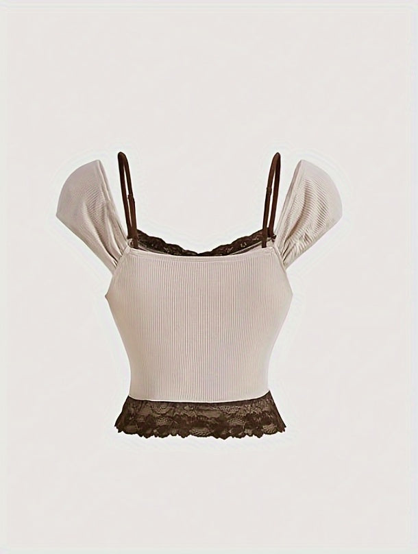Antmvs Faux Twinset Contrast Lace Strap Top, Casual Cap Sleeve Ruched Crop Top For Spring & Summer, Women's Clothing
