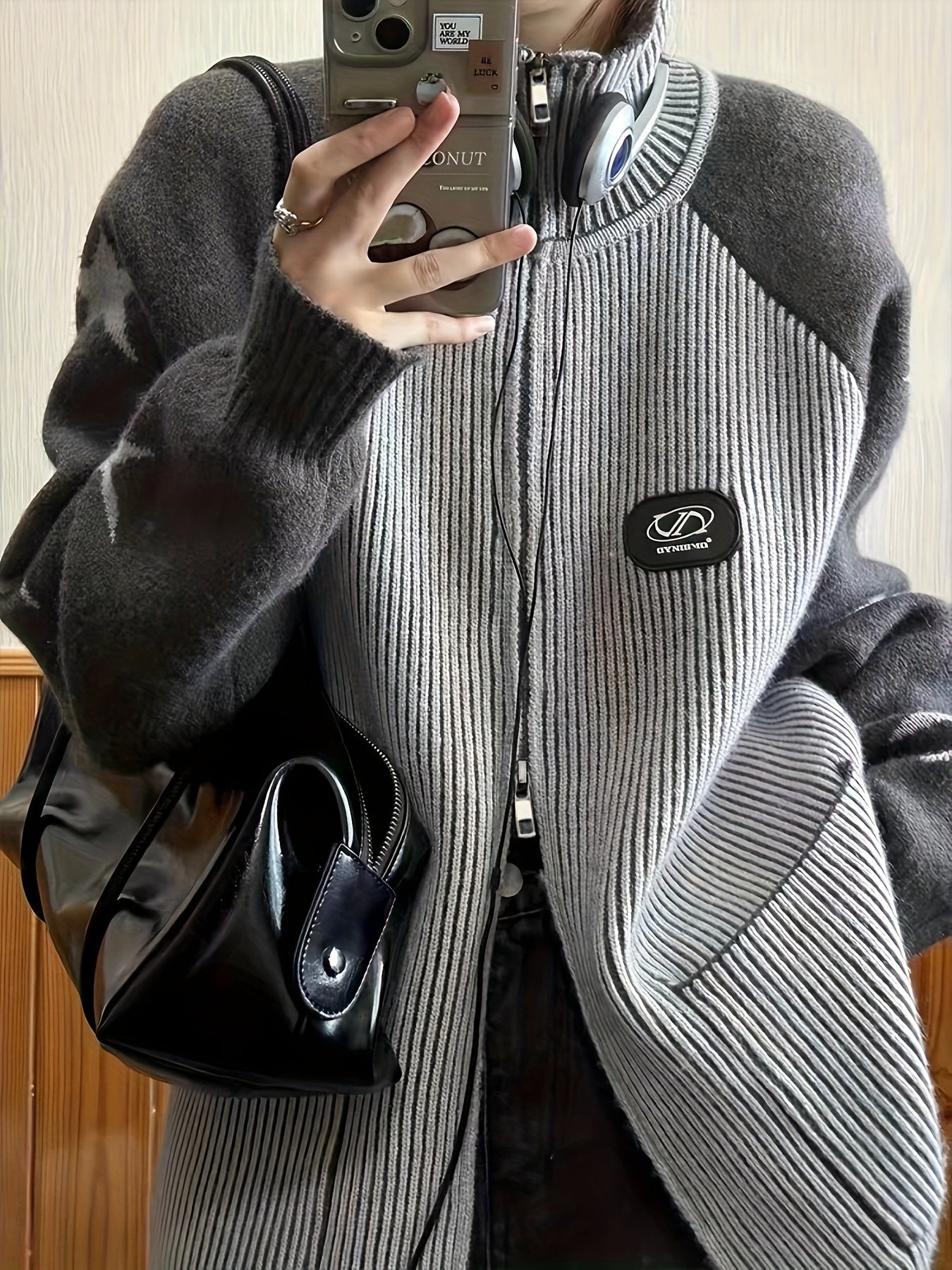 Antmvs Striped & Star Pattern Knit Cardigan, Vintage Zip Up Long Sleeve Preppy Sweater With Pocket, Women's Clothing