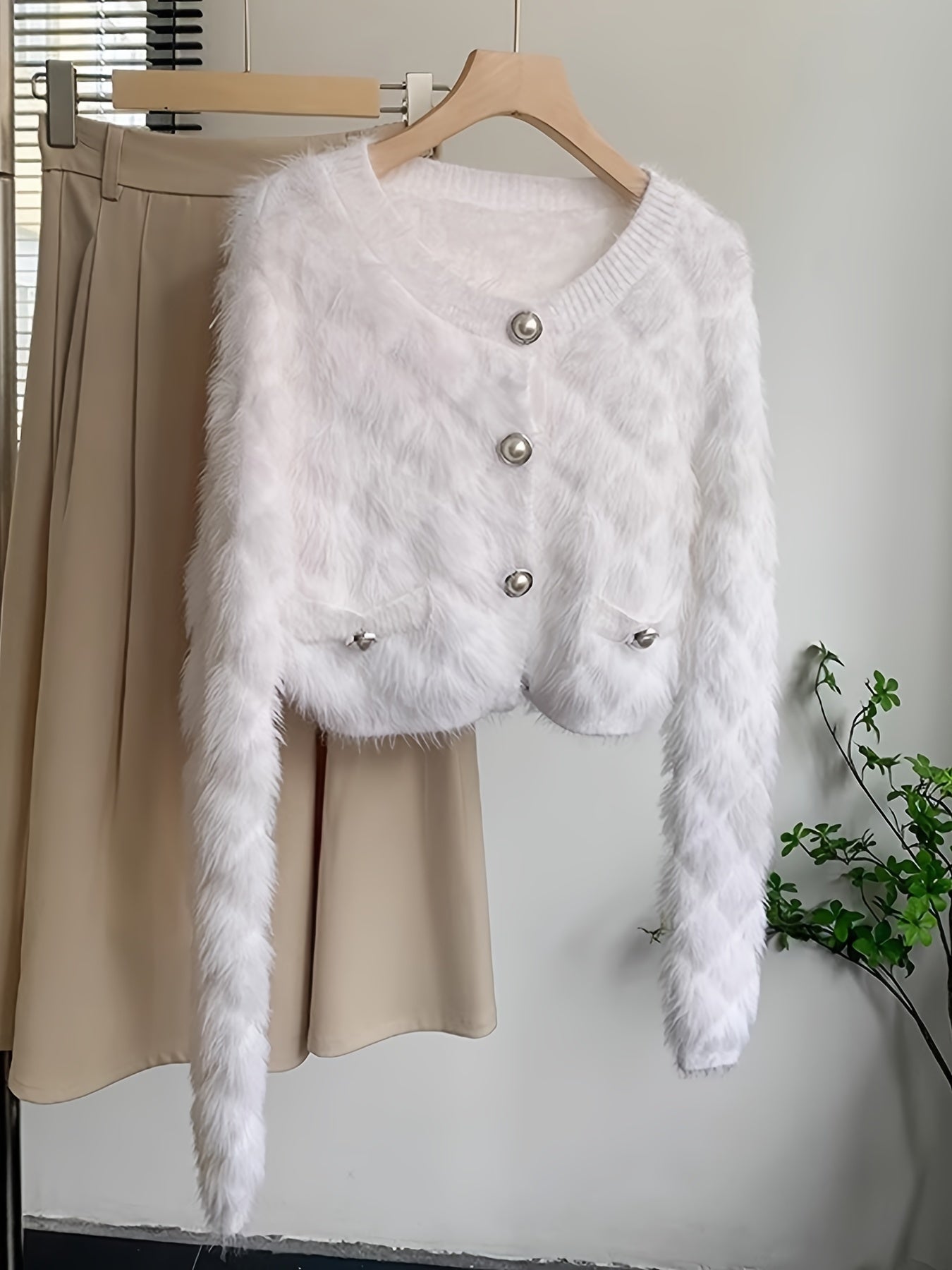Antmvs Faux Fur Button Down Knit Cardigan, Elegant Long Sleeve Cozy Stylish Sweater, Women's Clothing