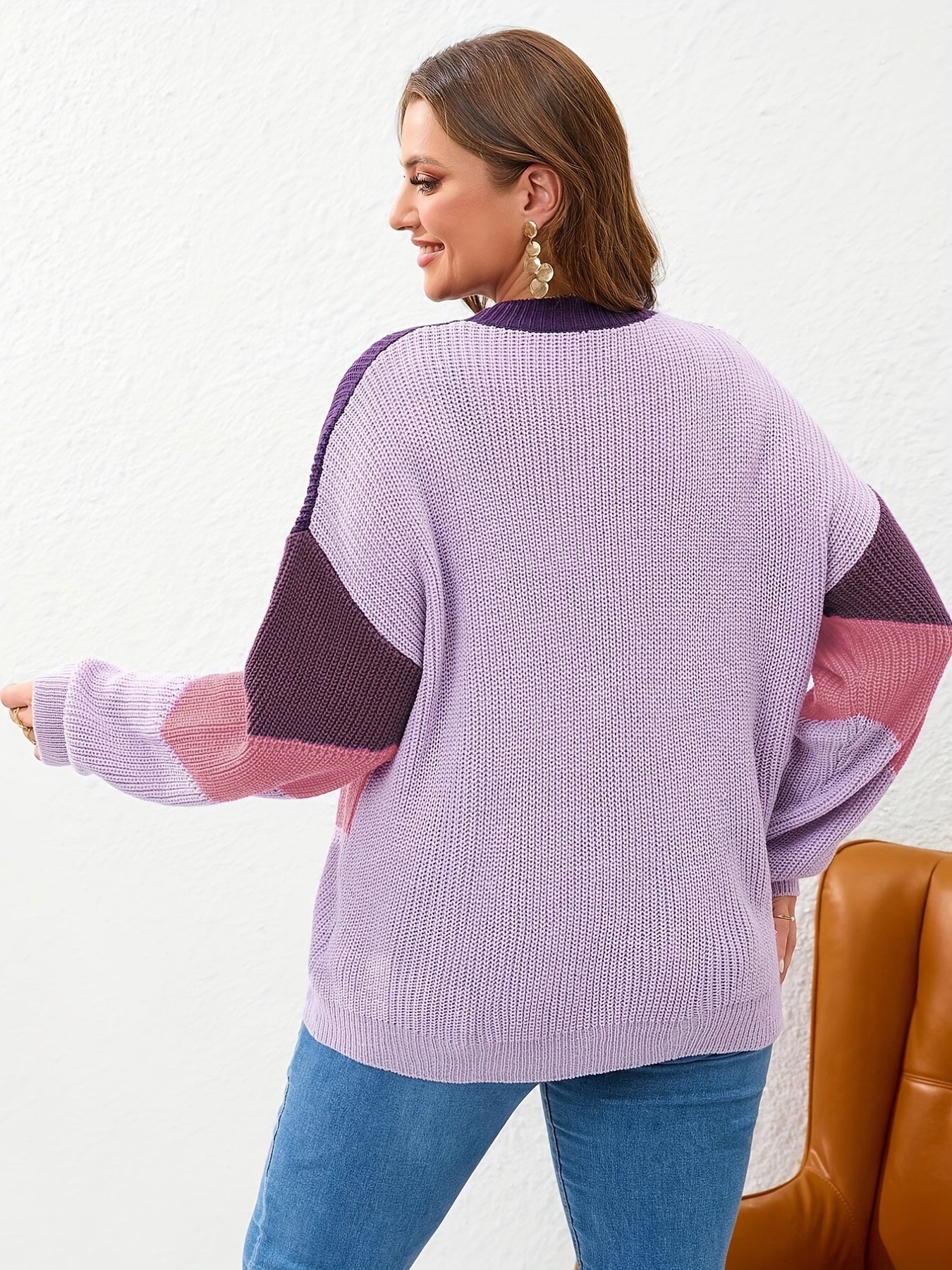 Antmvs Plus Size Casual Sweater, Women's Plus Colorblock Long Sleeve Round Neck Loose Fit Pullover Jumper