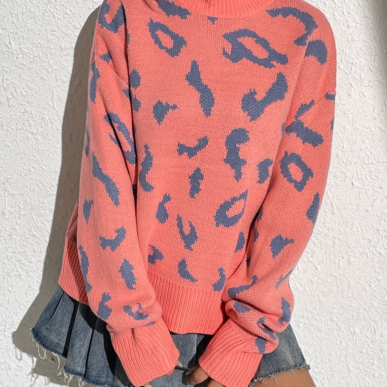 Antmvs Leopard Turtle Neck Pullover Sweater, Casual Long Sleeve Drop Shoulder Sweater, Women's Clothing