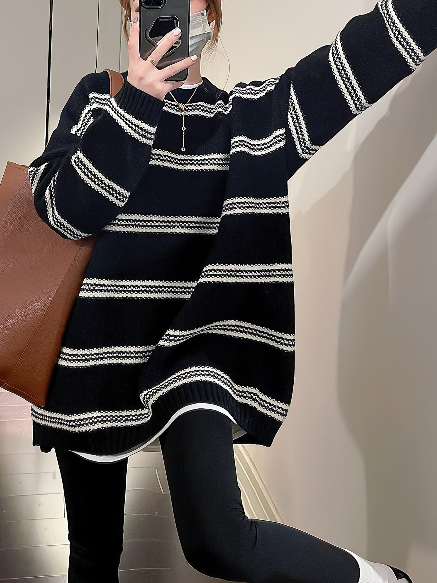 Antmvs Striped Crew Neck Pullover Sweater, Vintage Long Sleeve Oversized Slouchy Sweater, Women's Clothing