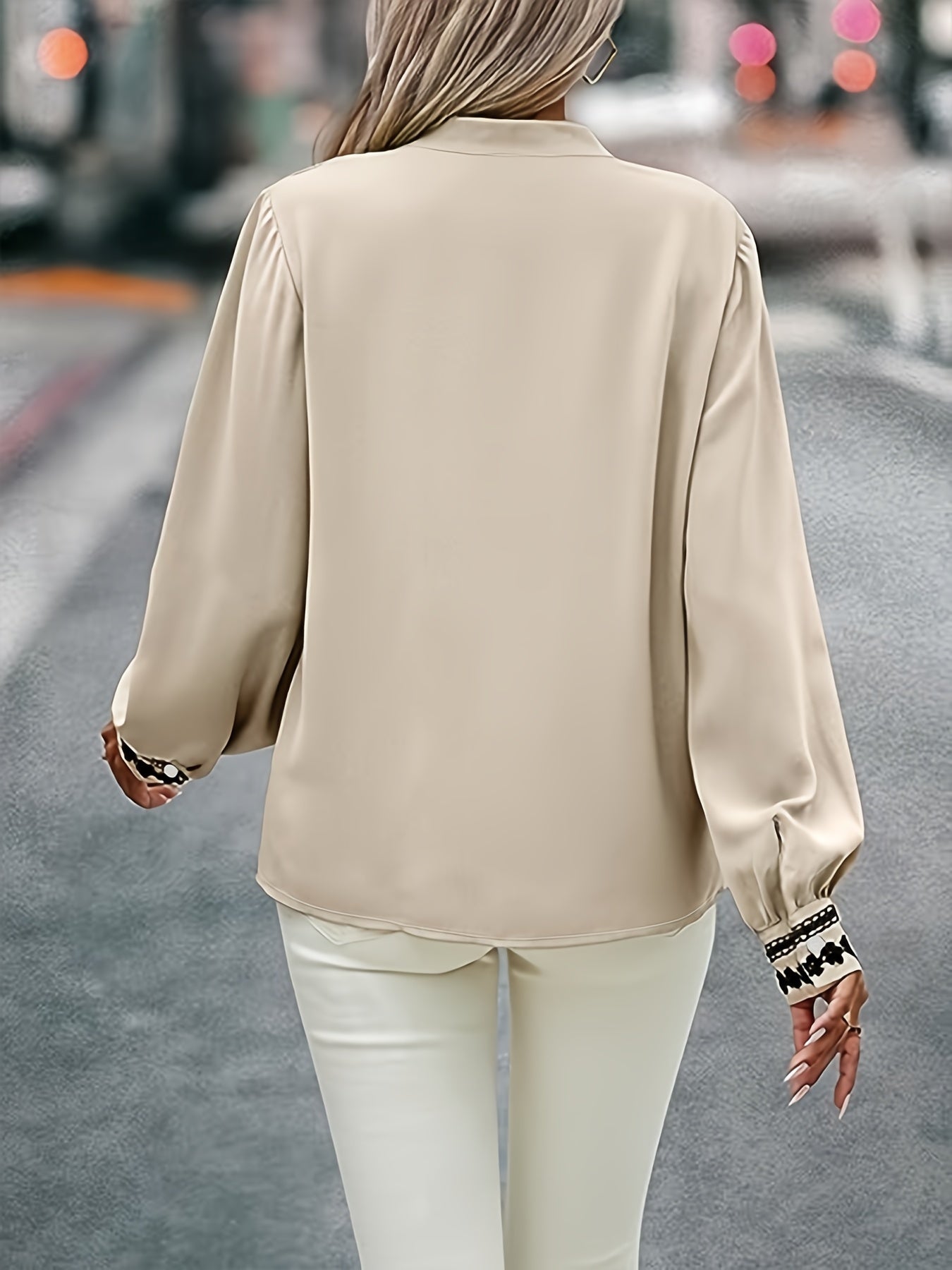 Antmvs Lace Stitching Mock Neck Button Blouse, Elegant Long Sleeve Blouse For Spring & Fall, Women's Clothing