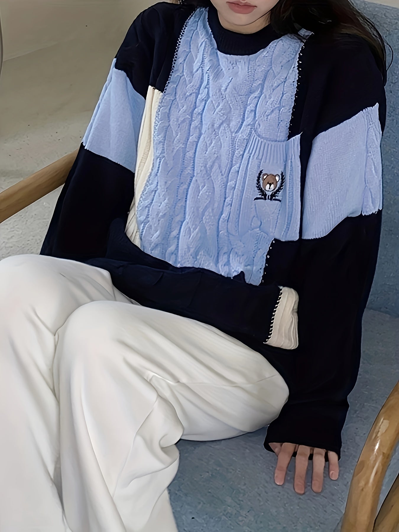 Antmvs Bear Embroidered Color Block Sweater, Preppy Long Sleeve Sweater For Fall & Winter, Women's Clothing