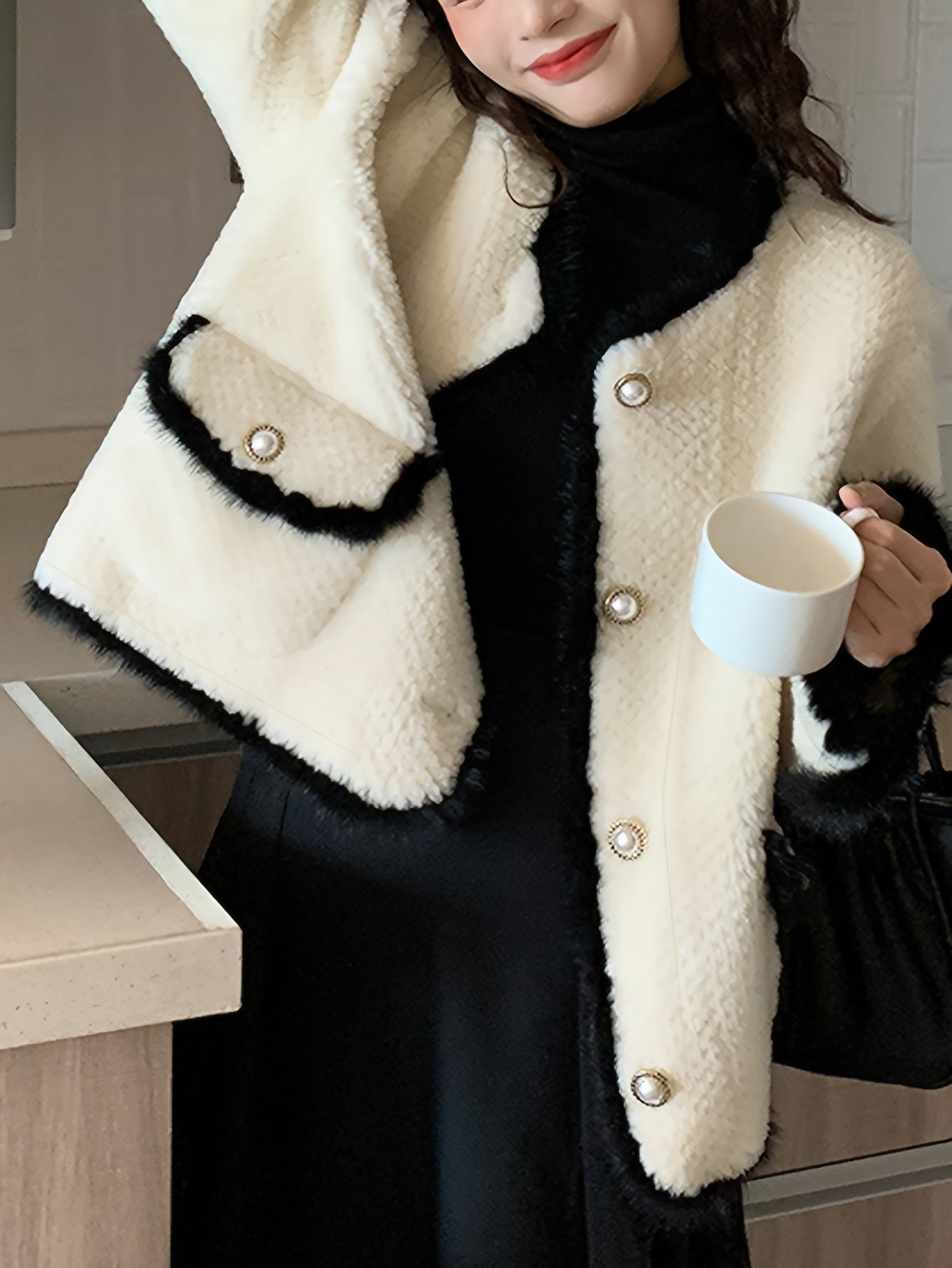 Antmvs Contrast Trim Open Front Outer Top, Elegant Flap Pockets Single Breasted Long Sleeve Coat For Fall & Winter, Women's Clothing