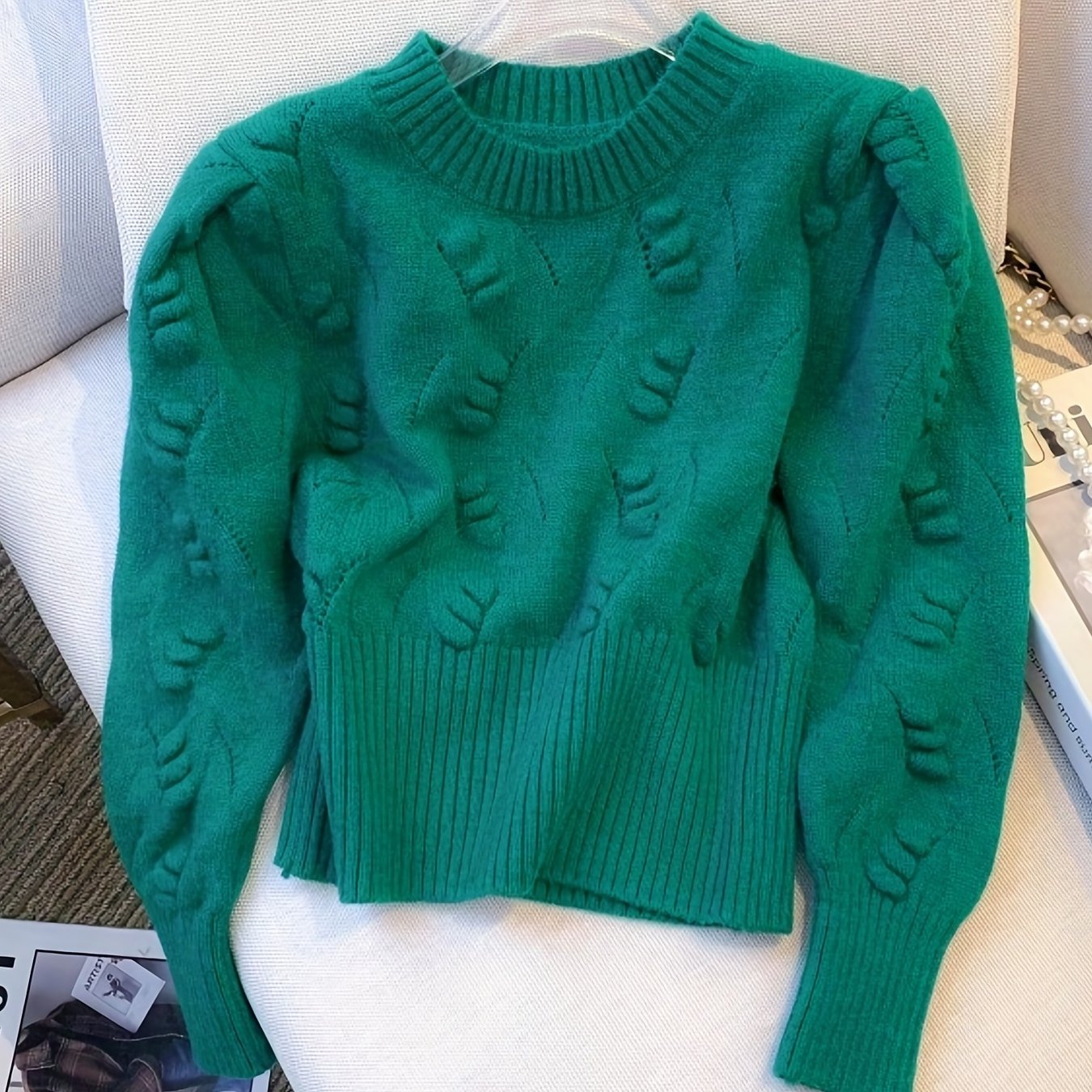 Antmvs Solid Rib Knit Sweater, Casual Crew Neck Long Sleeve Sweater, Women's Clothing