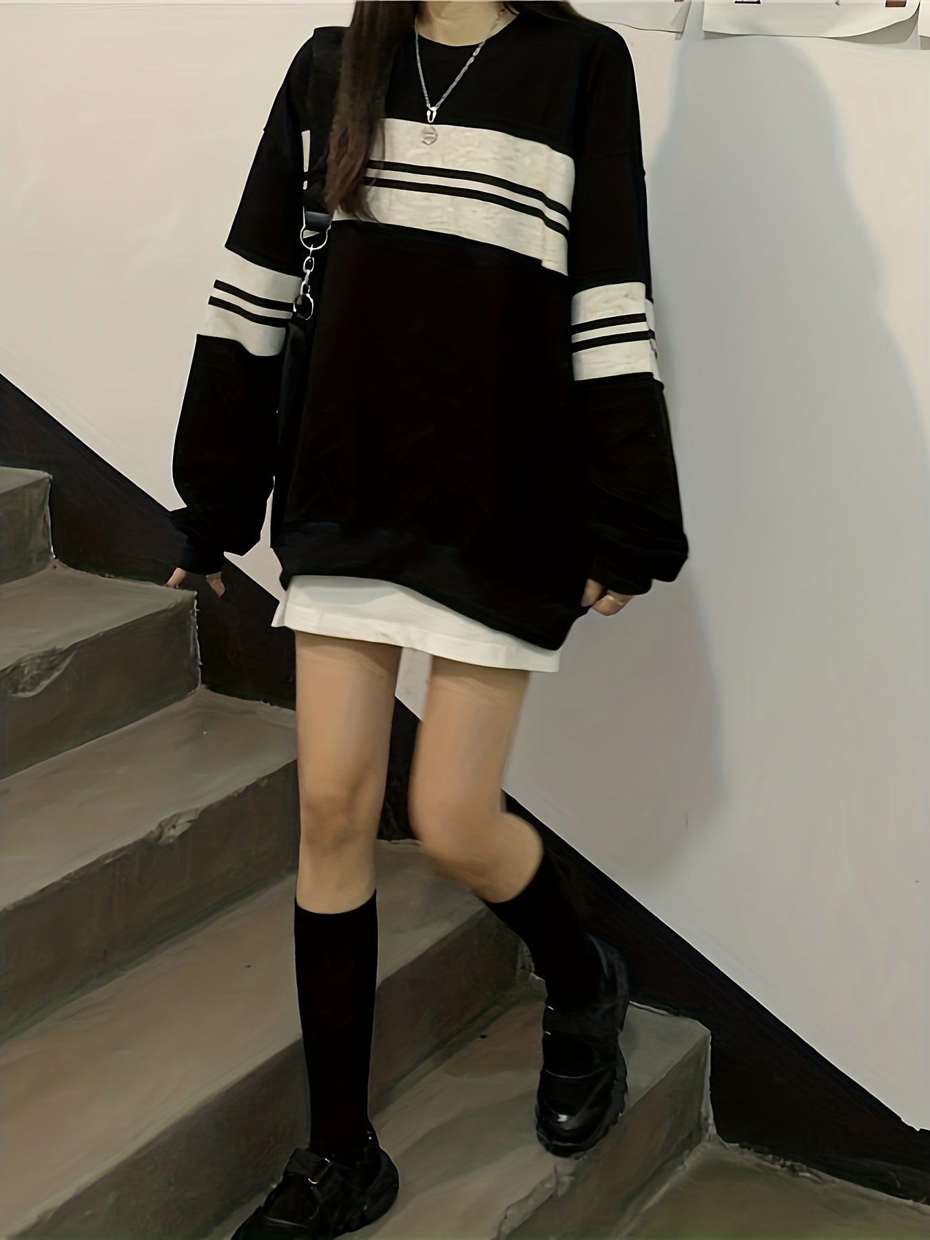 Antmvs Striped Crew Neck Sweatshirt, Casual Long Sleeve Drop Shoulder Sweatshirt, Women's Clothing