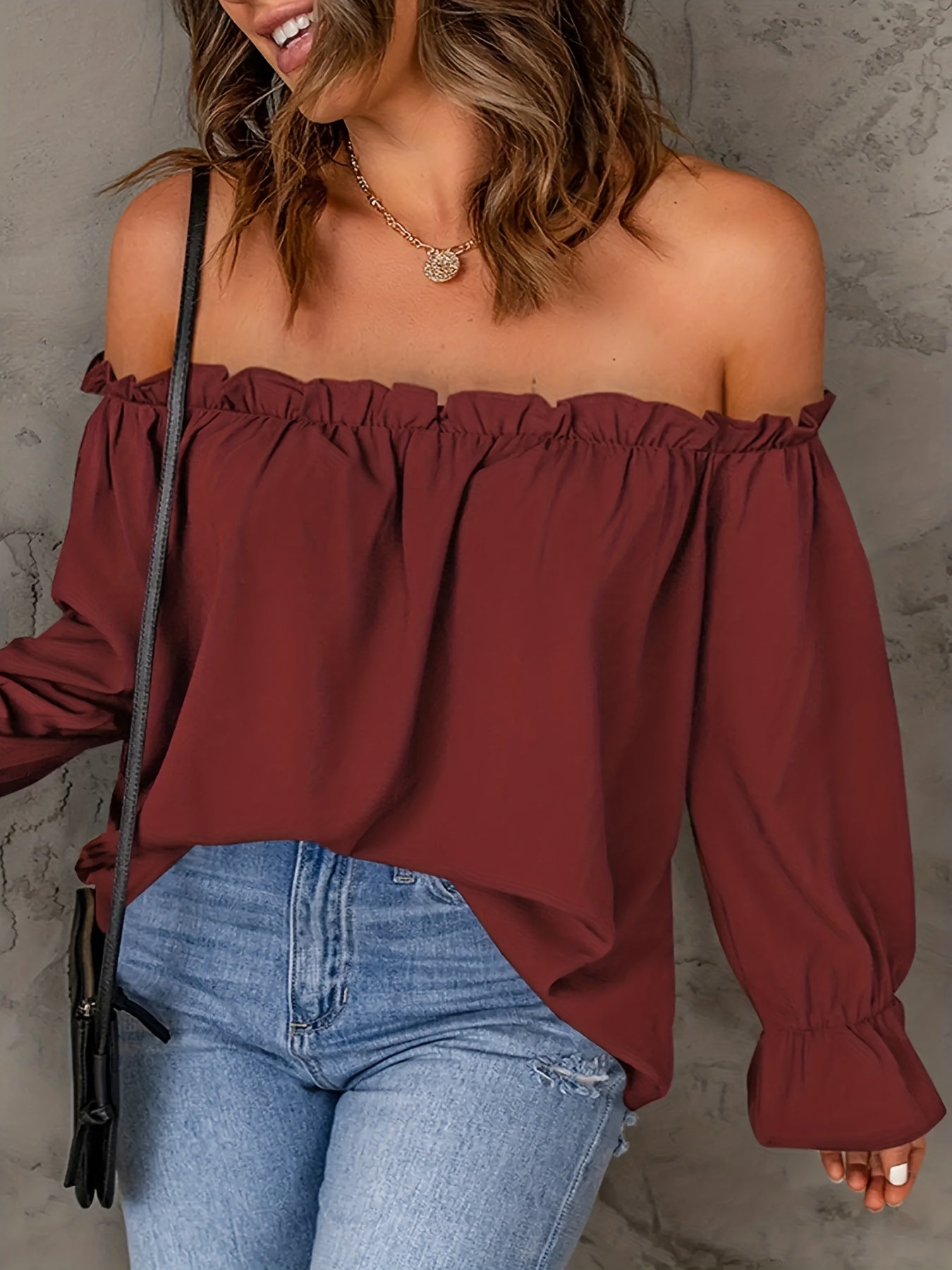 Antmvs Ruffle Trim Off-shoulder Blouse, Casual Solid Color Lantern Sleeve Blouse, Women's Clothing