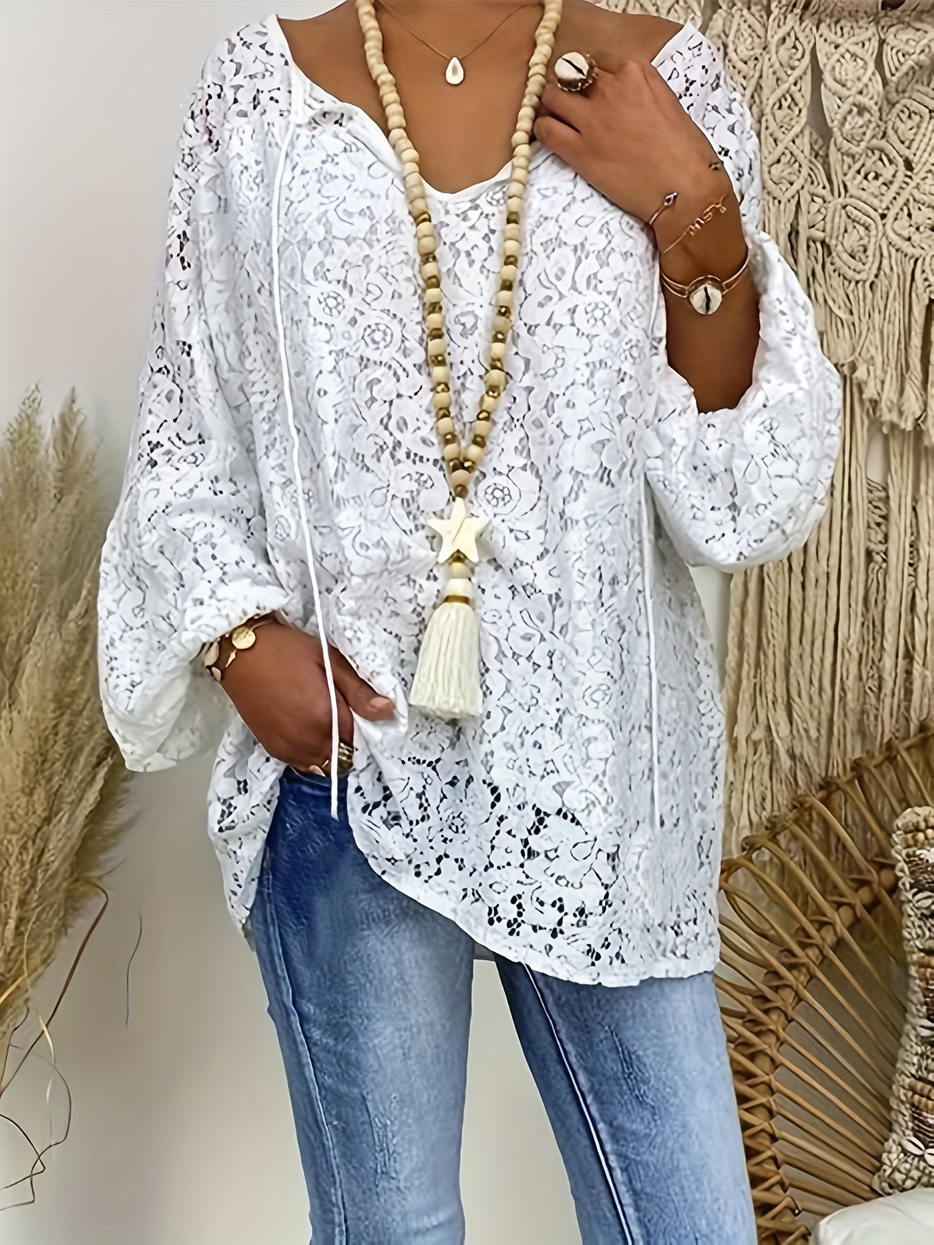 Antmvs Solid Contrast Lace Blouse, Elegant Tie Front Long Sleeve Blouse, Women's Clothing