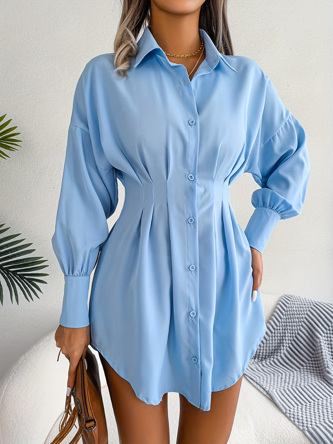 Antmvs Long Sleeve Mini Shirt Dress, Button Up Casual Dress For Fall & Spring, Women's Clothing