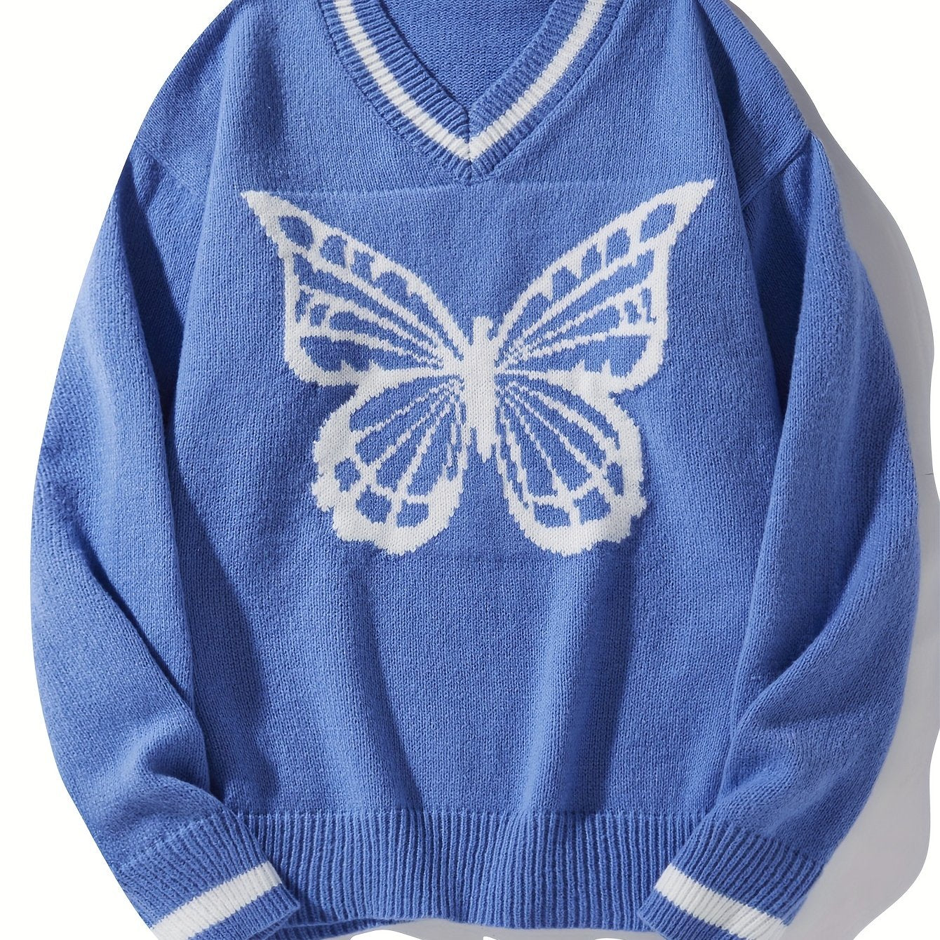 Antmvs Men's Trendy Butterfly Pattern Knitted Pullover, Casual Slightly Stretch Breathable V Neck Loose Pullover For Outdoor Fall Winter