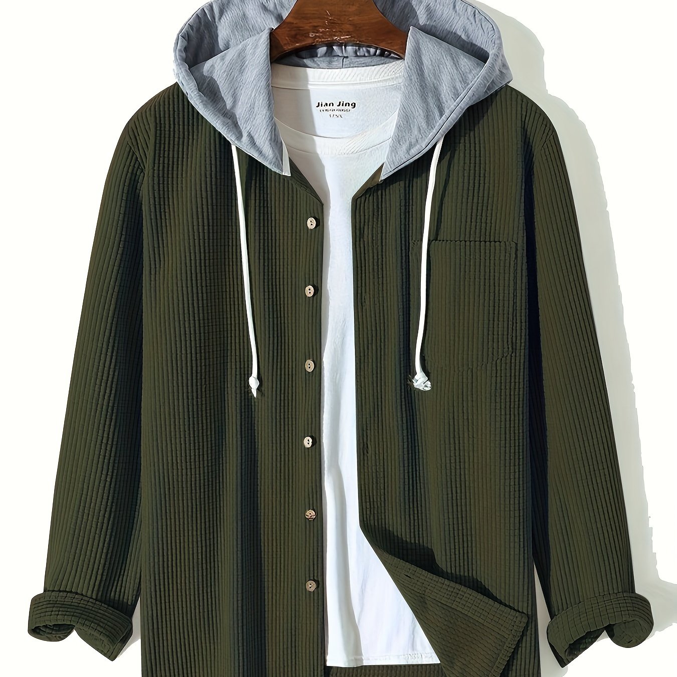 Antmvs Waffle Pattern Hoodie Shirt Coat For Men Long Sleeve Casual Regular Fit Button Up Hooded Shirts Jacket