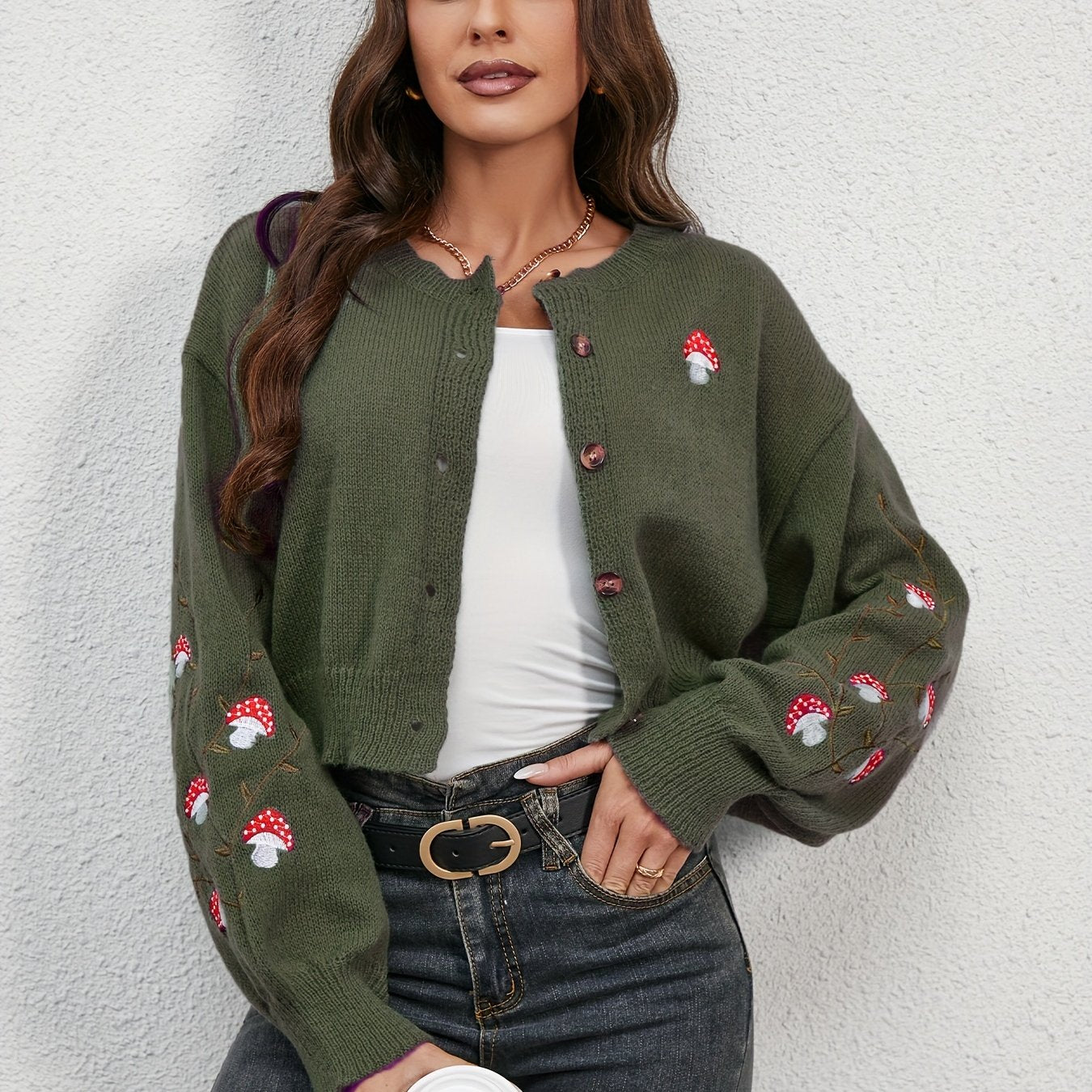 Antmvs Mushroom Embroidered Print Knit Cardigan, Casual Button Front Long Sleeve Sweater, Women's Clothing