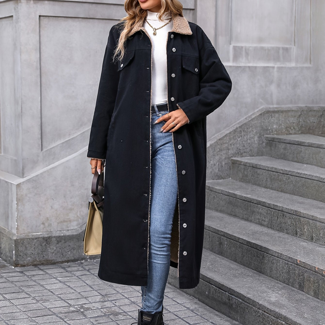 Antmvs Plain Fleece Liner Long Denim Coat, Long Sleeves Drop Shoulder Casual Denim Jackets, Women's Denim Clothing