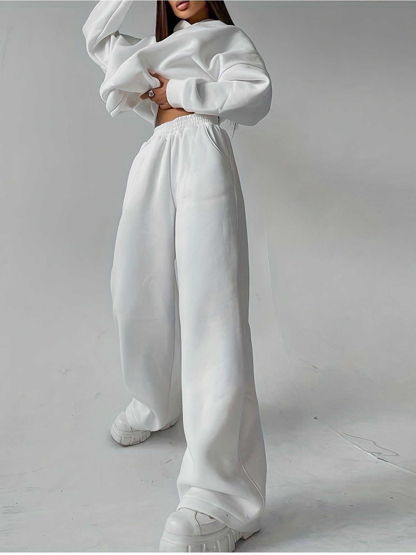 Antmvs Casual Solid Two-piece Set, Kangaroo Pocket Hoodie & Wide Leg Pants Outfits, Women's Clothing