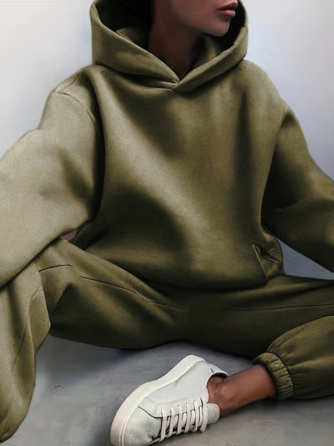 Antmvs Casual Solid Two-piece Set, Drop Shoulder Long Sleeve Hoodies & Elastic Waist Jogger Pants Outfits, Women's Clothing