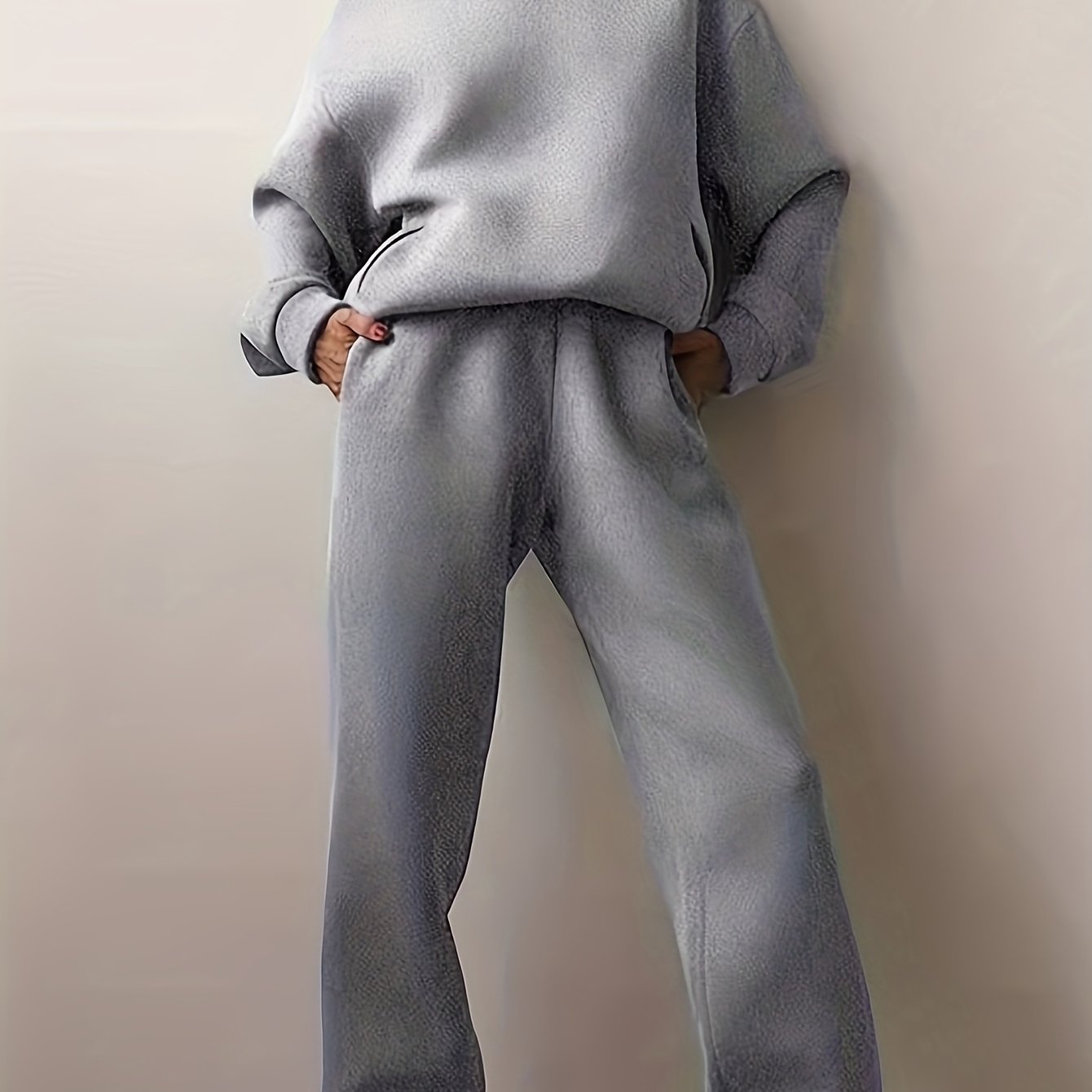 Antmvs Casual Solid Two-piece Set, Drop Shoulder Long Sleeve Hoodies & Elastic Waist Jogger Pants Outfits, Women's Clothing