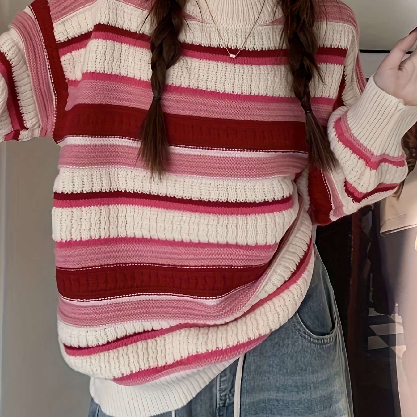 Antmvs Striped Crew Neck Pullover Sweater, Casual Long Sleeve Loose Warm Winter Sweater, Women's Clothing