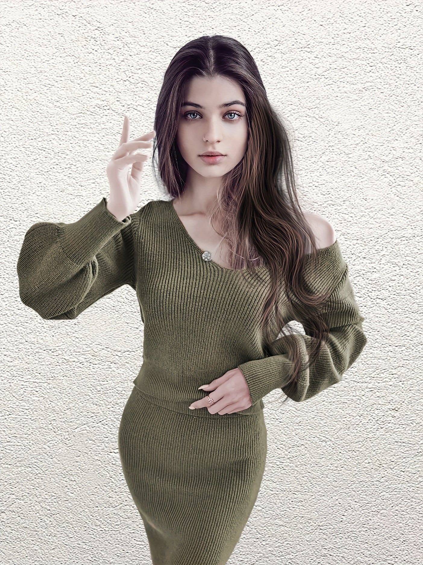 Antmvs Solid Elegant Two-piece Set, Plunging Long Sleeve Tops & Split Midi Skirts Outfits, Women's Clothing