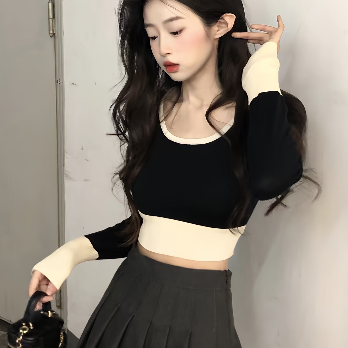 Antmvs Color Block Scoop Neck Knitted Top, Vintage Long Sleeve Crop Fashion Sweater, Women's Clothing