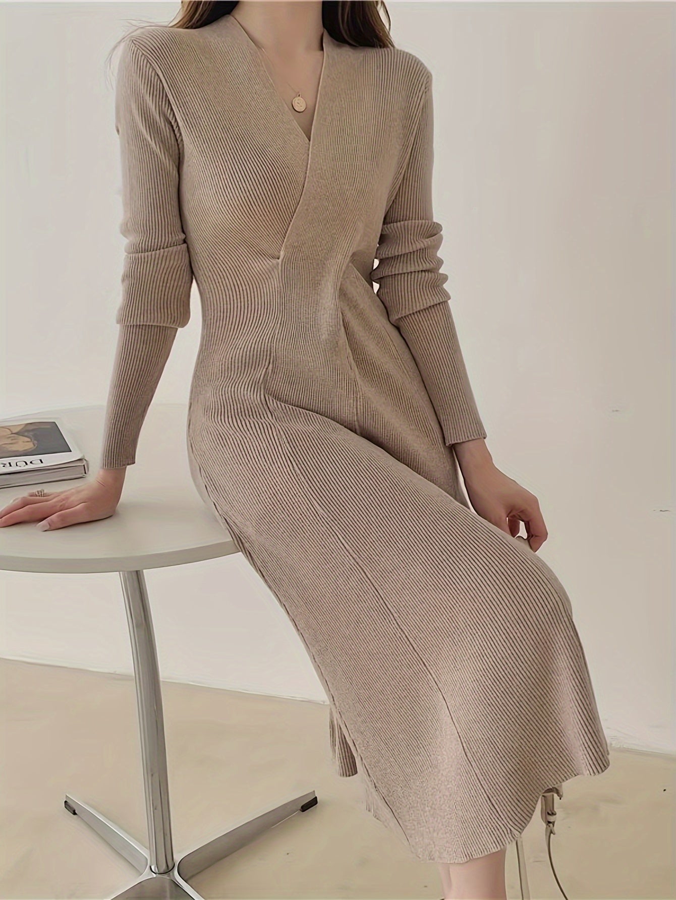 Antmvs Solid Bodycon Midi Dress, Casual V Neck Long Sleeve Dress, Women's Clothing