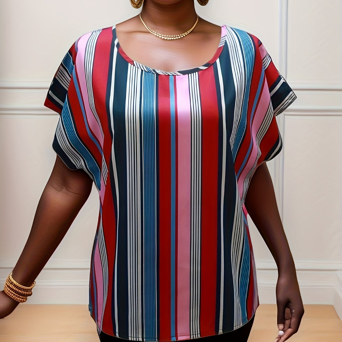 Antmvs Colorful Striped Blouse, Elegant Crew Neck Short Sleeve Comfy Blouse, Women's Clothing