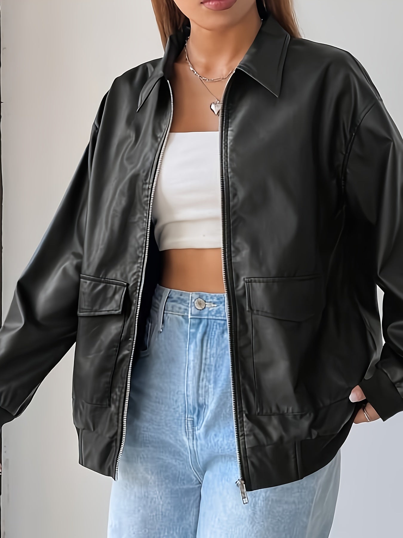 Antmvs Zip Up Pocket Front Jacket, Elegant Solid Long Sleeve Outerwear, Women's Clothing