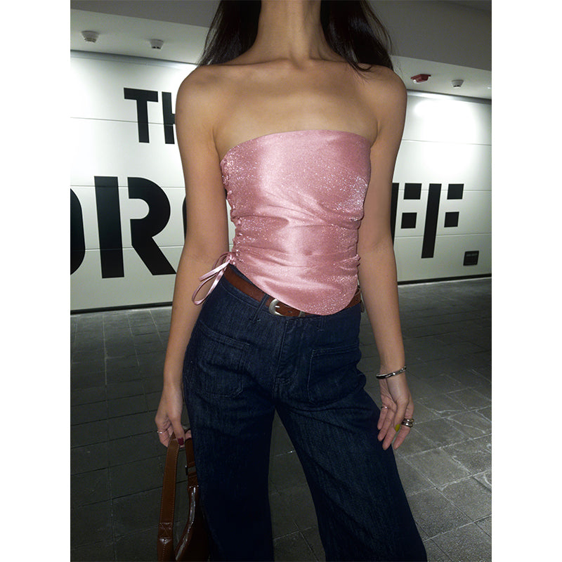 Antmvs Barbie Pink Shiny Pearlescent Fine Shewing Side Ties Irregular Pleated Sleeveless Bandeau Short Cropped Lace Up Top
