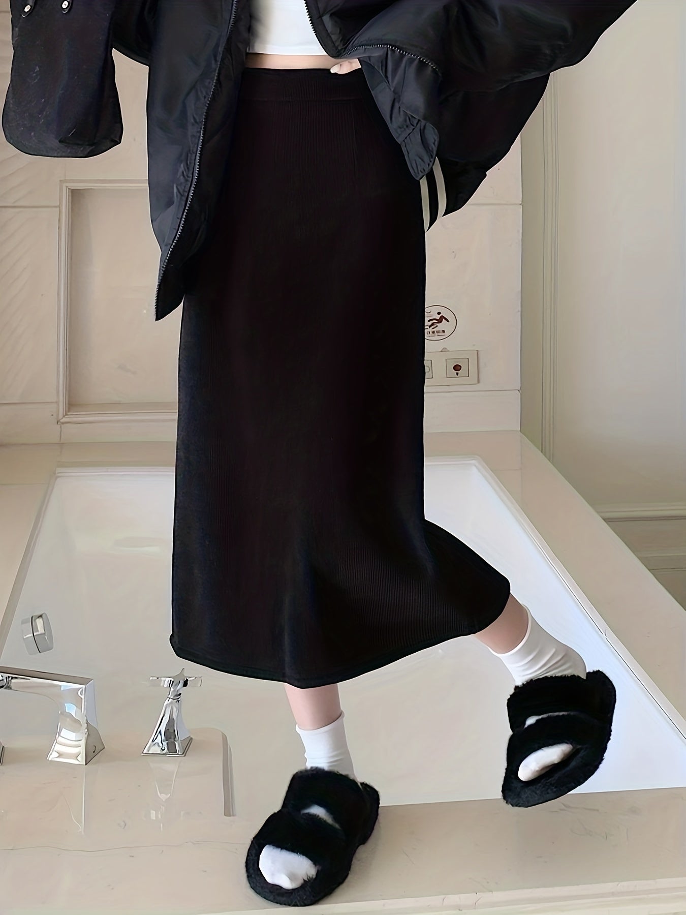 Antmvs Solid High Waist Split Skirt, Casual Fleece Midi Skirt For Fall & Winter, Women's Clothing