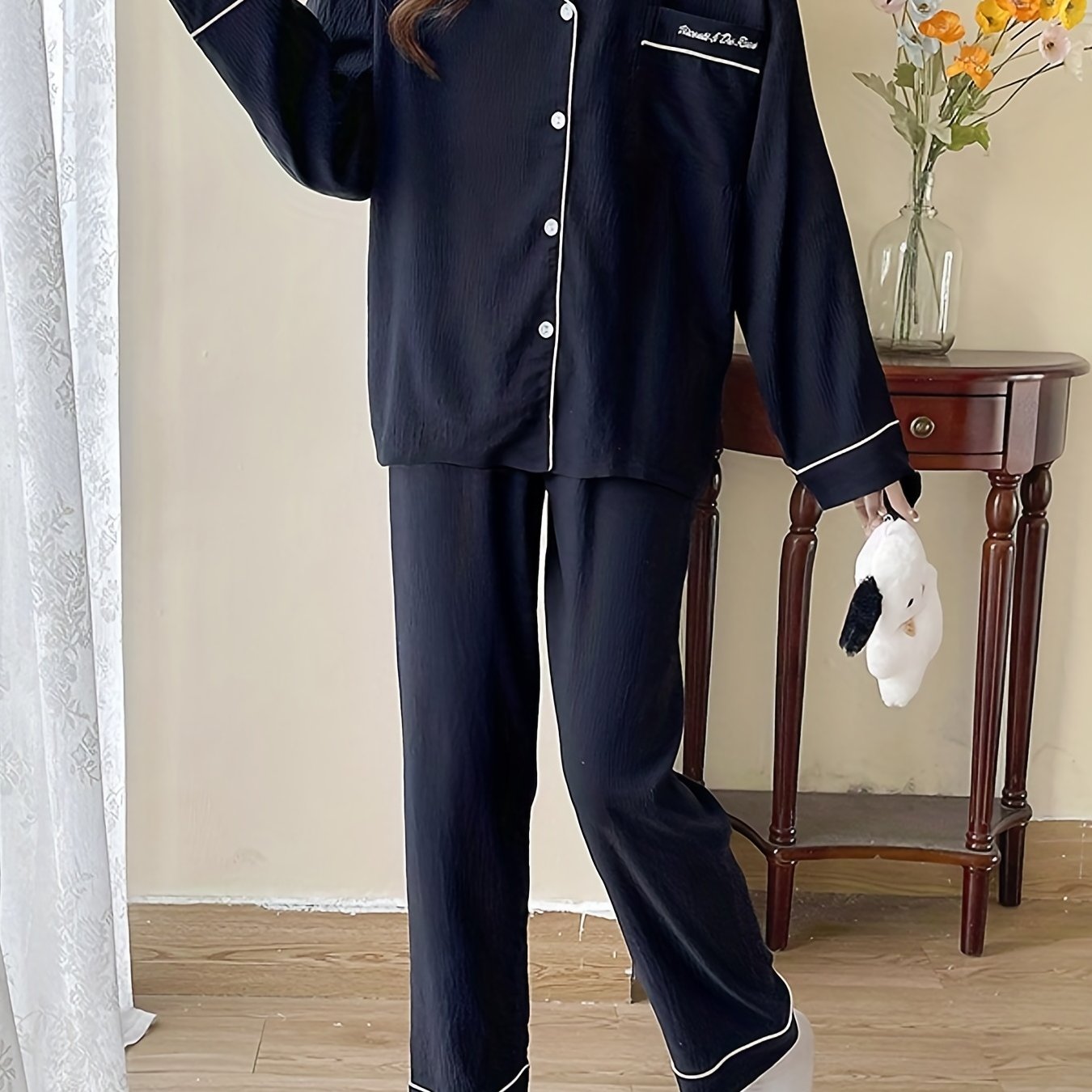 Antmvs Letter Print Lounge Set, Long Sleeve Buttons Top & Elastic Waistband Pants, Women's Loungewear & Sleepwear