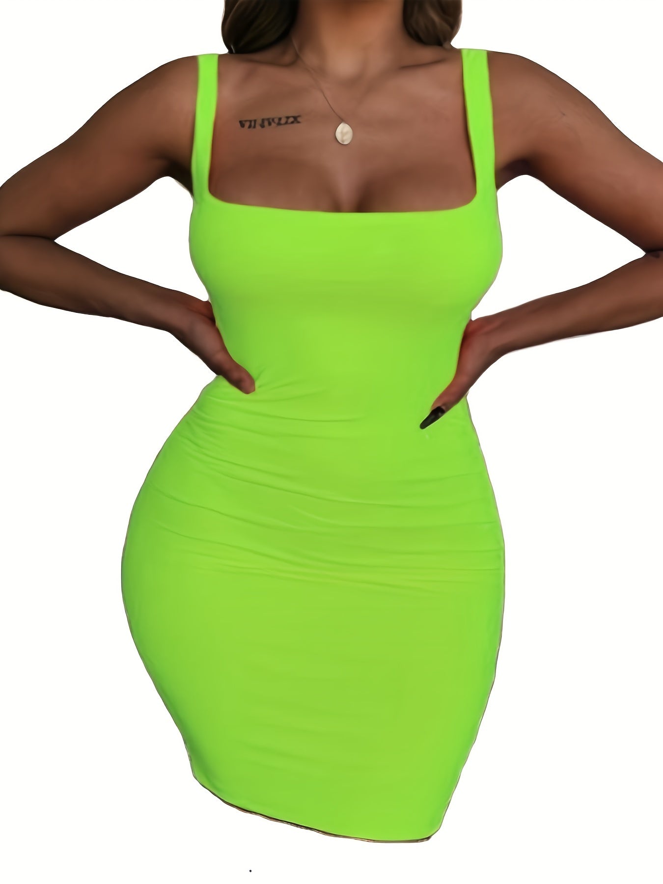 Antmvs Plus Size Sexy Dress, Women's Plus Plain Square Neck Medium Stretch Bodycon Tank Dress