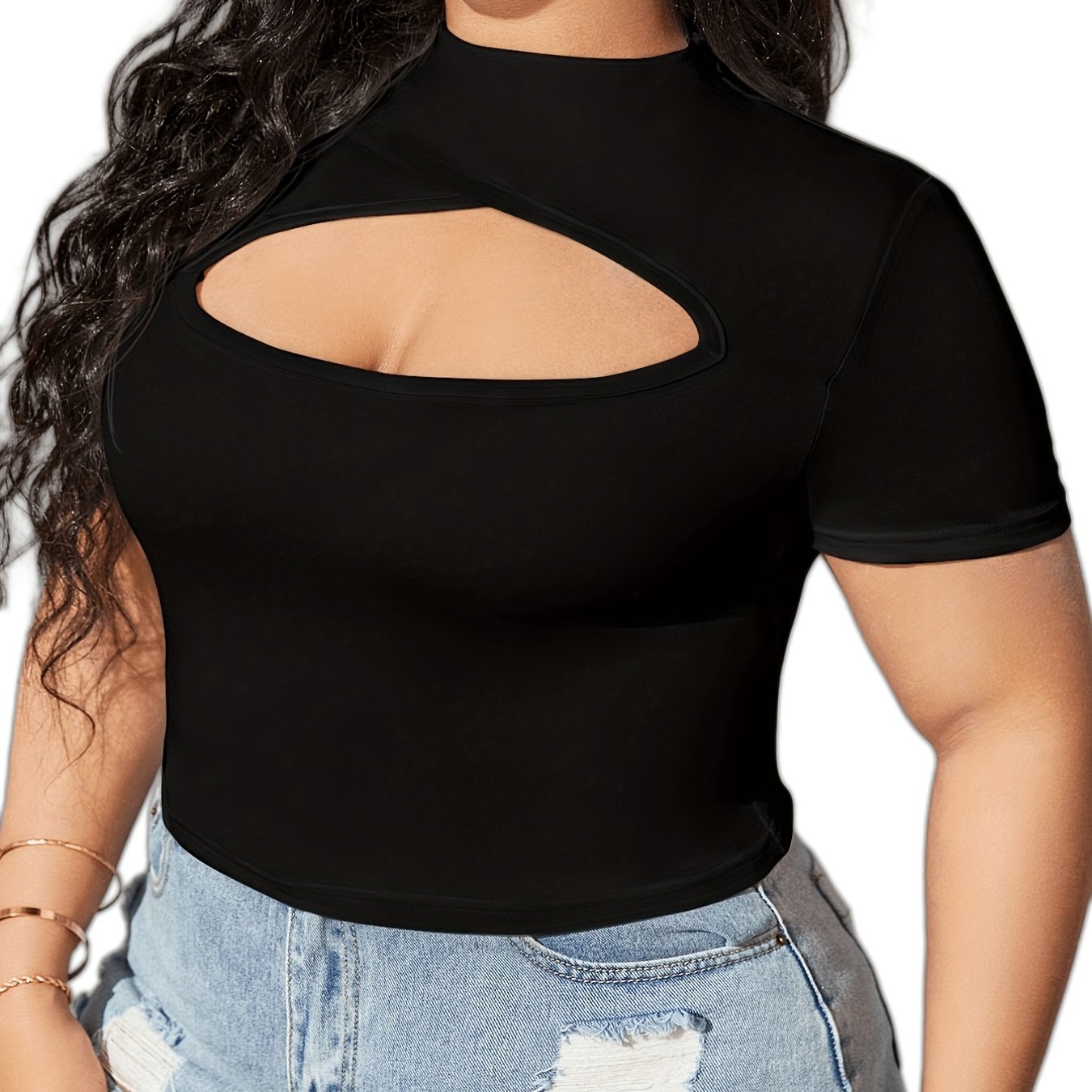 Antmvs Plus Size Sporty Top, Women's Plus Plain Cut Out Short Sleeve High Neck Slight Stretch Top