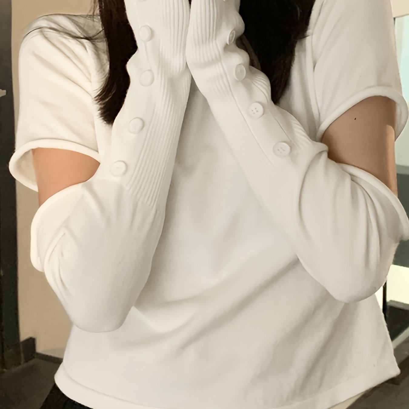 Antmvs Solid Fake Button Pullover Sweatshirt, Casual Removable Stitching Long Sleeve Turtle Neck Sweatshirt, Women's Clothing