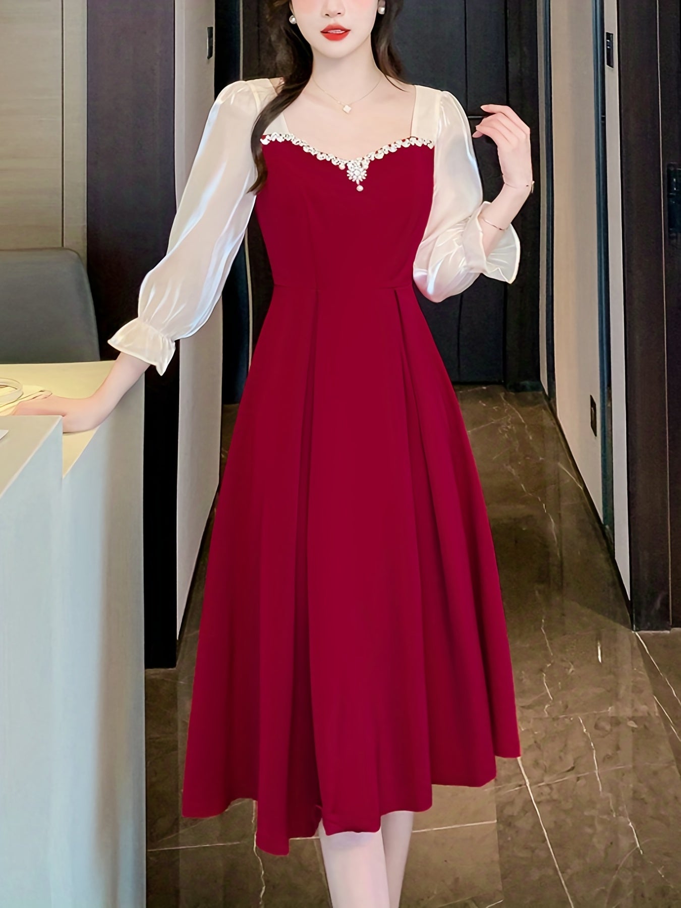 Antmvs Contrast Trim Mesh Lantern Sleeve Dress, Stylish A-line Flared Dress, Women's Clothing