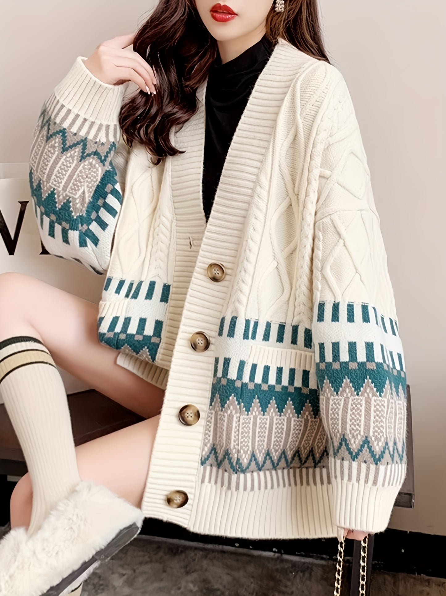Antmvs Geo Pattern Button Down Knit Cardigan, Elegant Long Sleeve Loose Sweater With Pocket, Women's Clothing