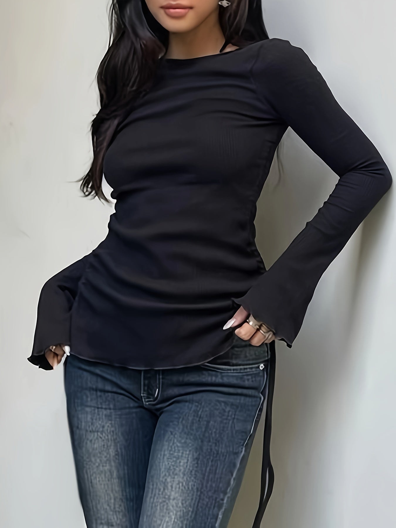 Antmvs Drawstring Crew Neck T-Shirt, Y2K Long Sleeve Lettuce Trim Top For Spring & Fall, Women's Clothing