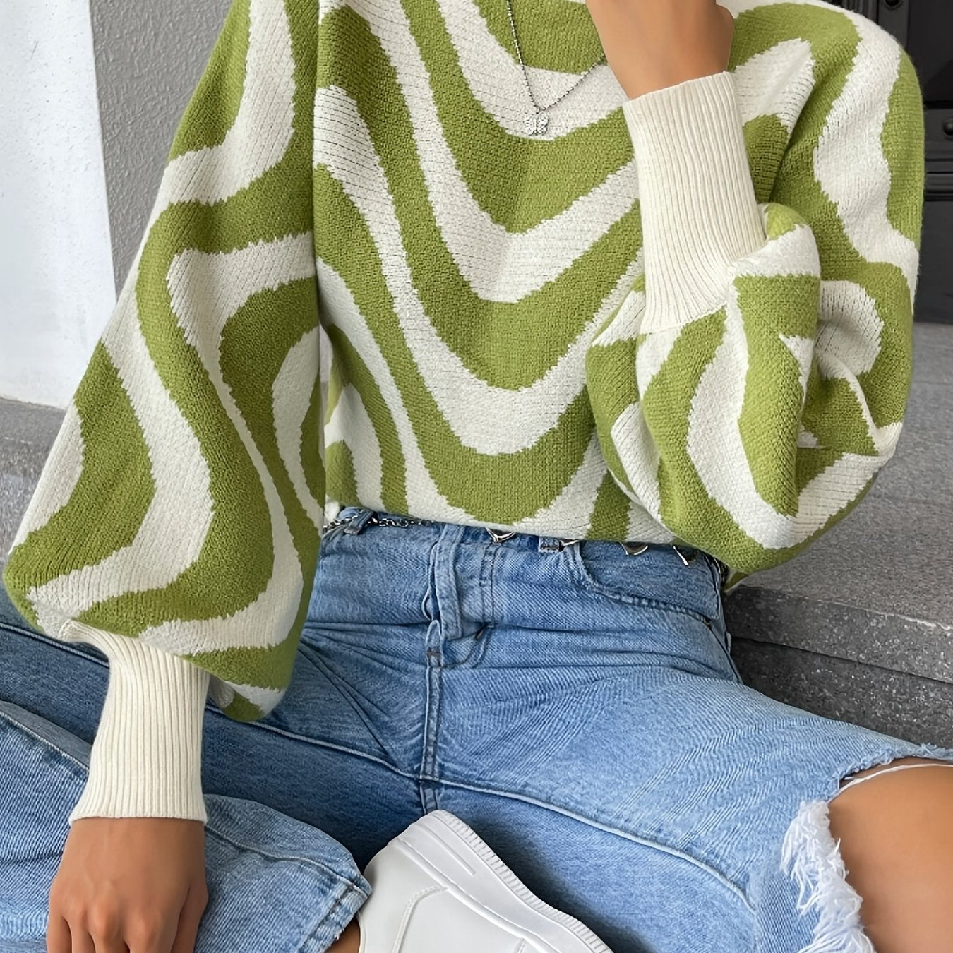 Antmvs Striped Boat Neck Pullover Sweater, Casual Lantern Sleeve Slim Sweater, Women's Clothing