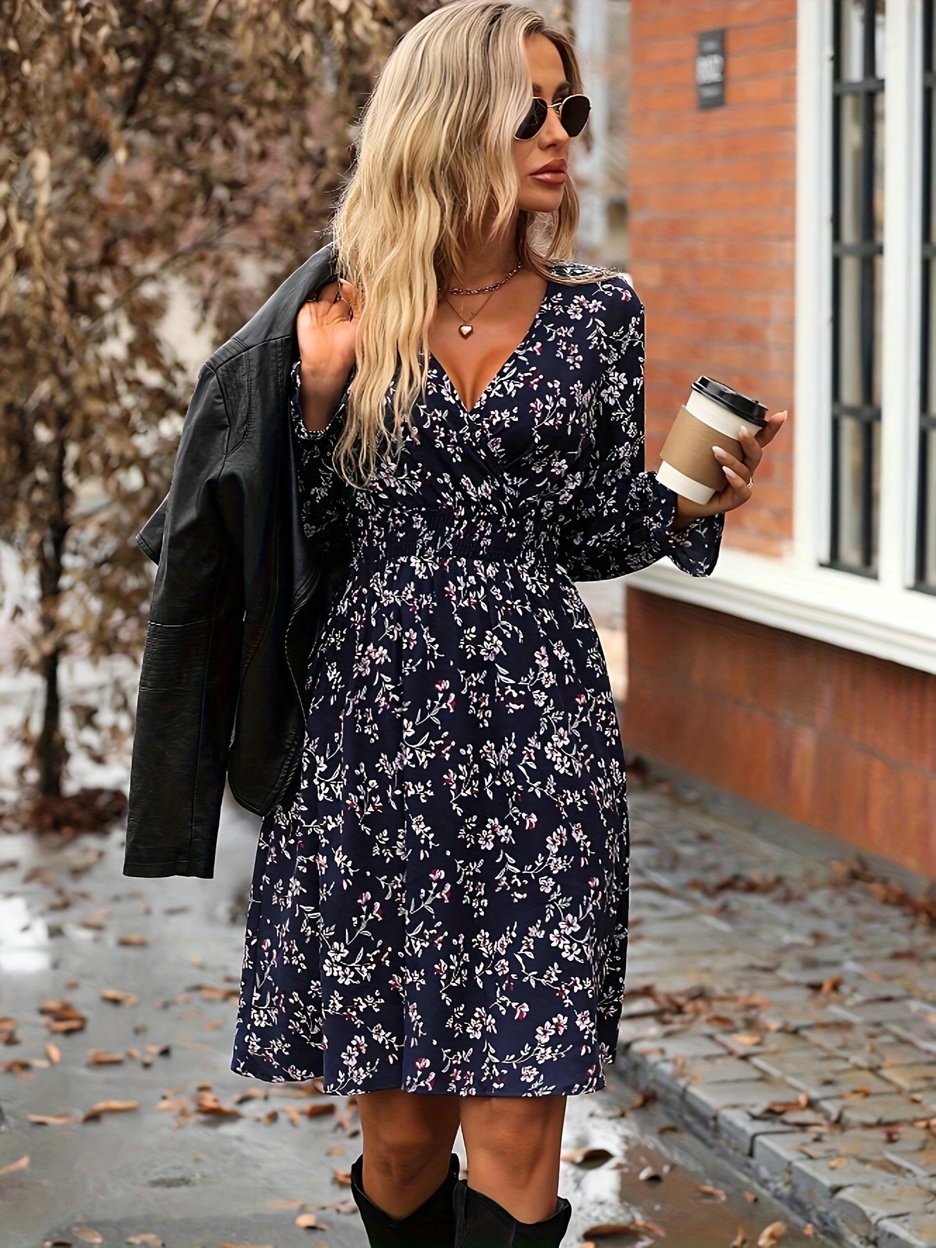 Antmvs Floral Print Surplice Neck Dress, Elegant Long Sleeve Ruffle Trim Dress, Women's Clothing