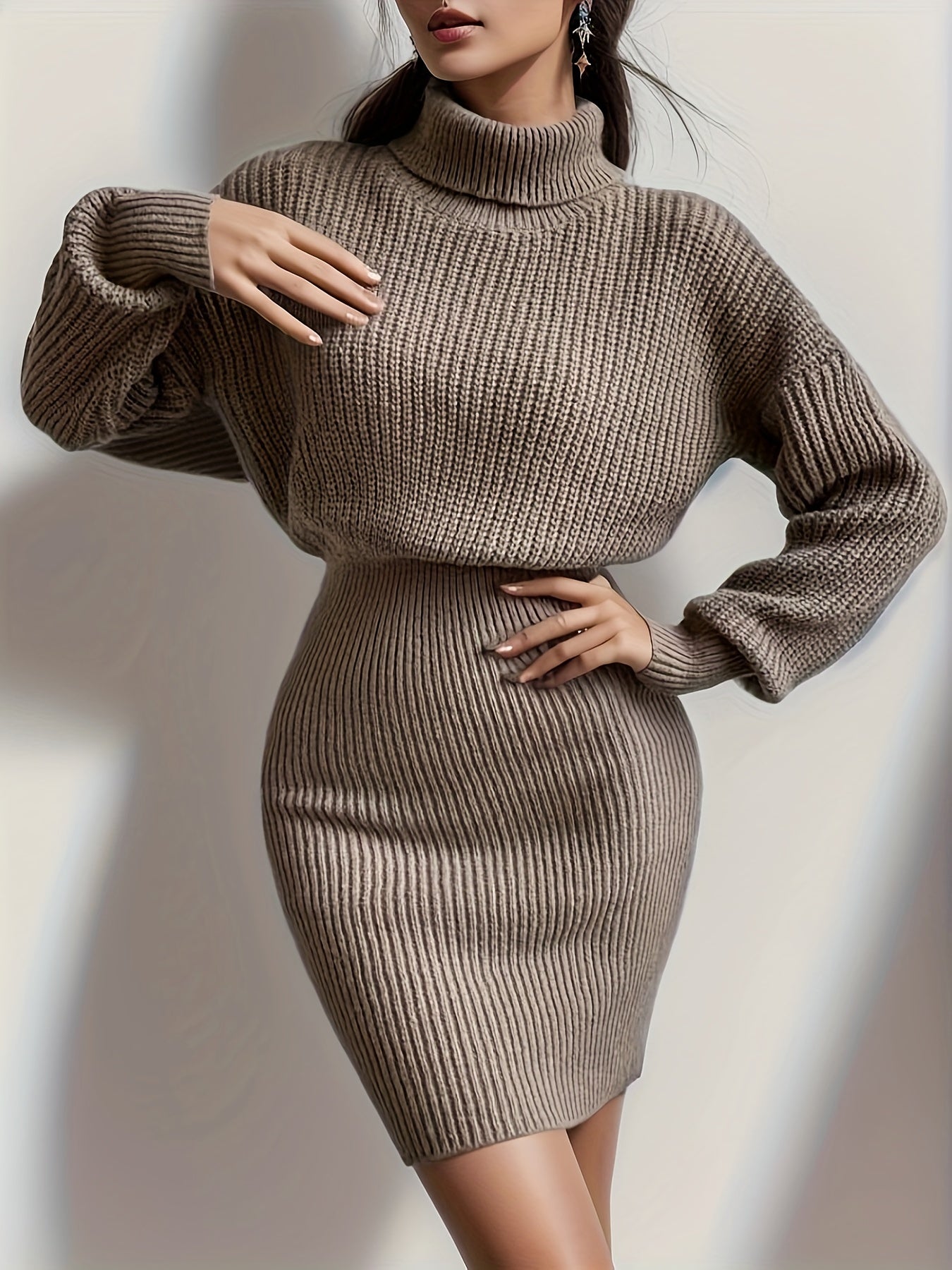 Antmvs Turtleneck Sweater Dress, Casual Solid Long Sleeve Bodycon Dress, Women's Clothing