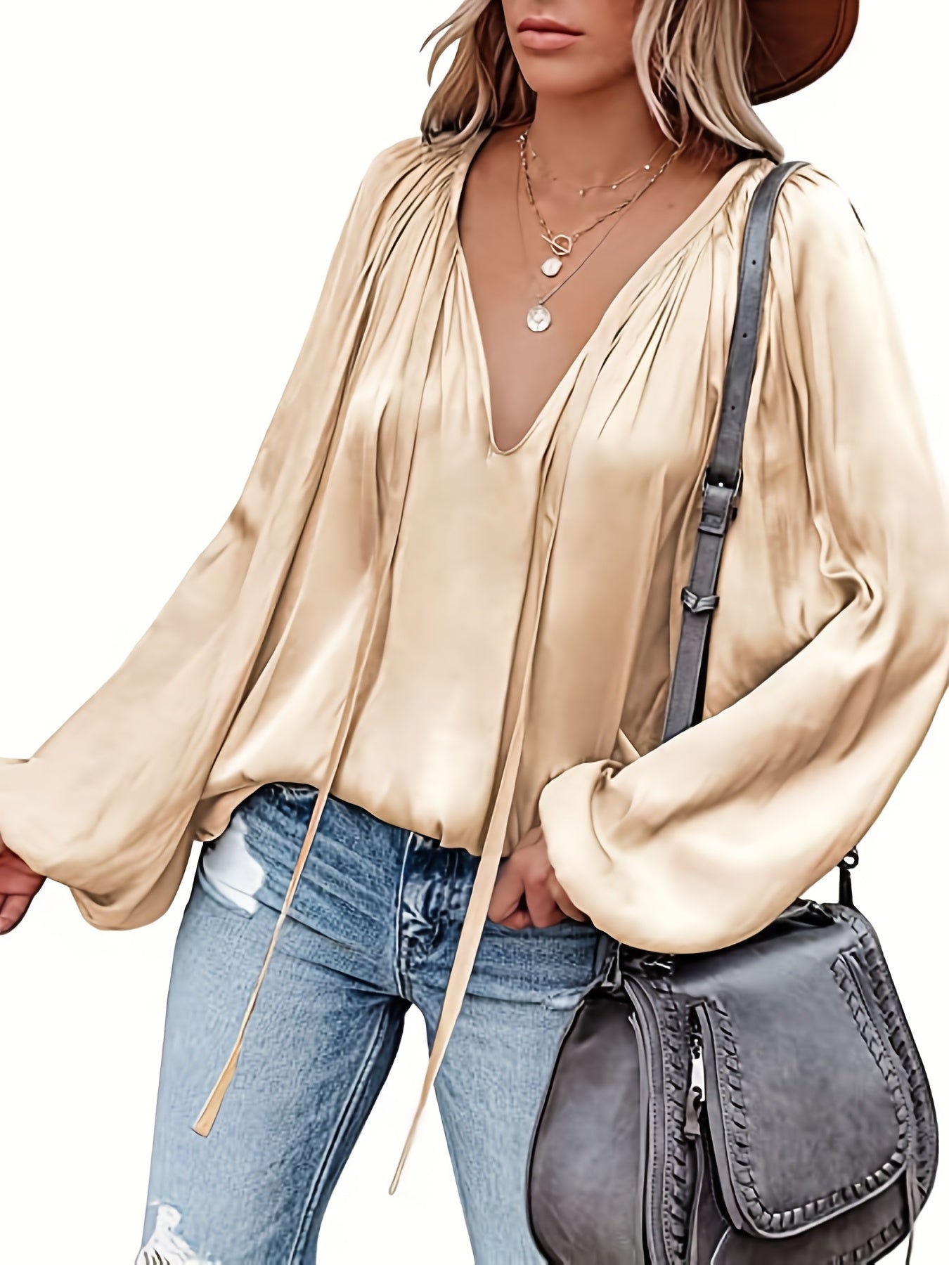Antmvs Lantern Long Sleeve Satin Blouse, Elegant V Neck Tops For Spring & Summer, Women's Clothing