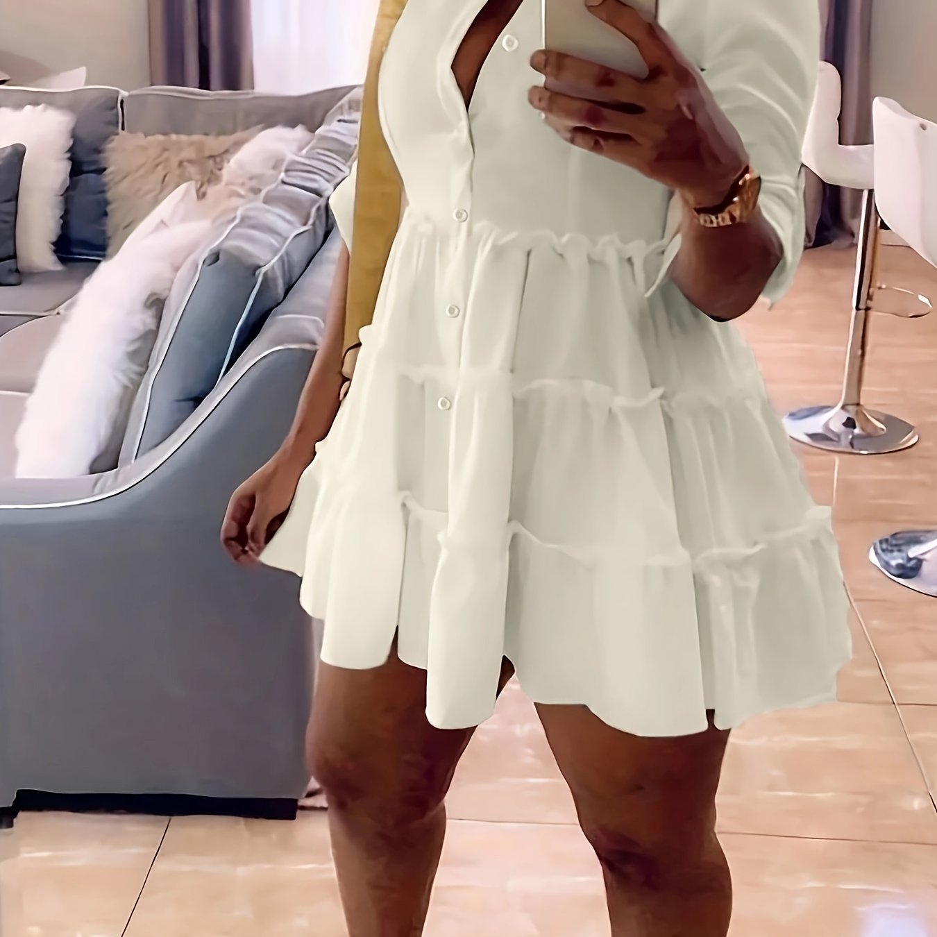 Antmvs Ruffle Layered Hem Shirt Dress, Casual Button Dress For Spring & Summer, Women's Clothing