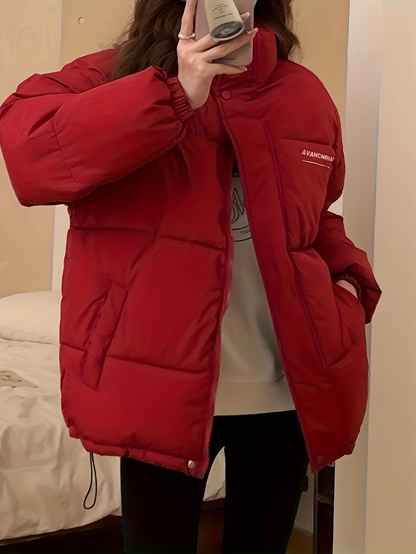 Antmvs Zip Up Letter Print Puffy Coat, Long Sleeve Slant Pockets Outwear For Winter, Women's Clothing