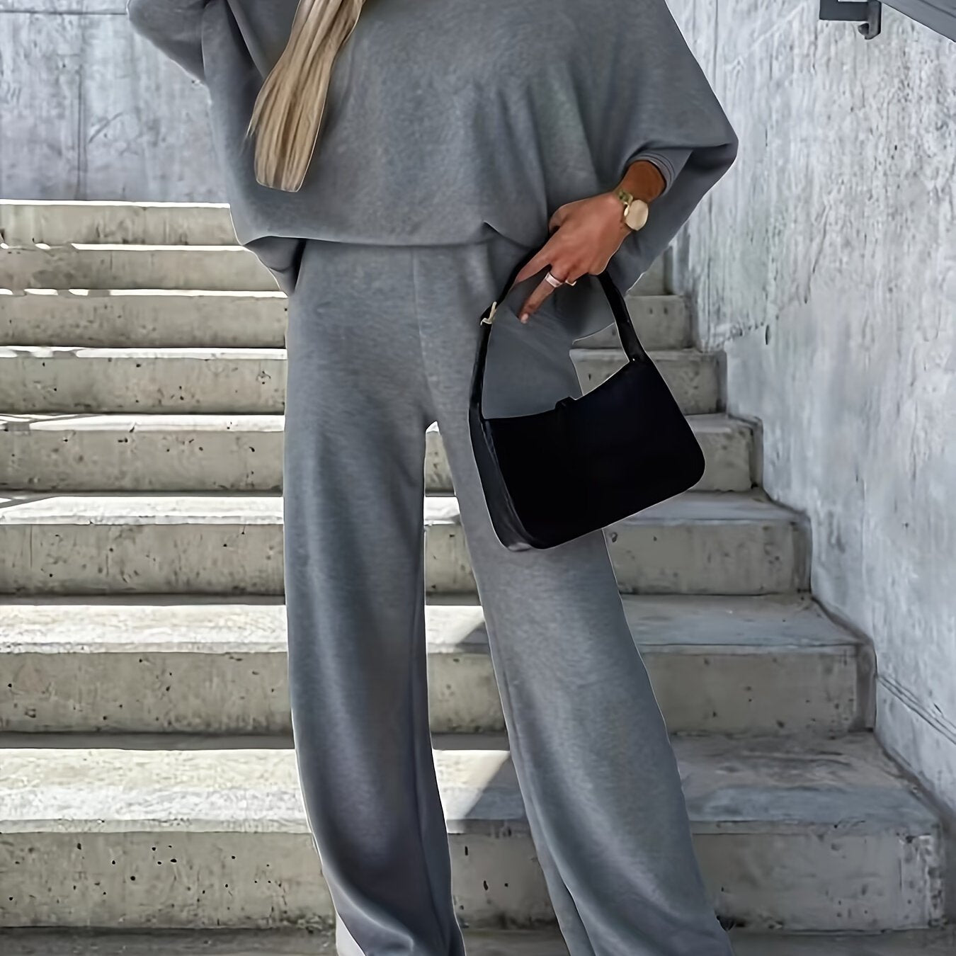 Antmvs Casual Solid Two-piece Set, One-shoulder Loose Top & Wide Leg Pants Outfits, Women's Clothing