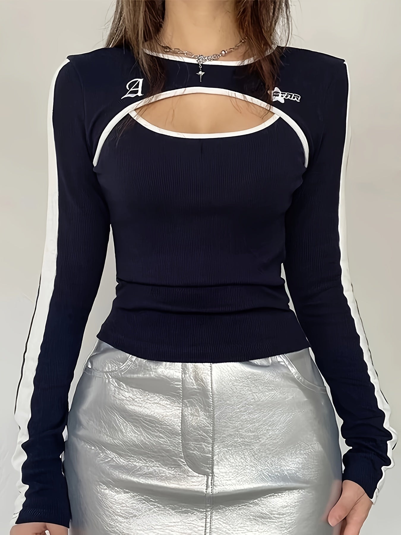 Antmvs Crew Neck Cut Out T-Shirt, Y2K Long Sleeve Embroidered T-Shirt For Every Day, Women's Clothing