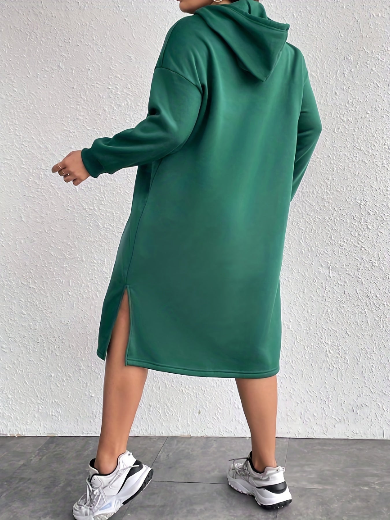 Antmvs Plus Size Casual Hoodie Dress, Women's Plus Letter Print Long Sleeve Drawstring Split Hoodie Dress