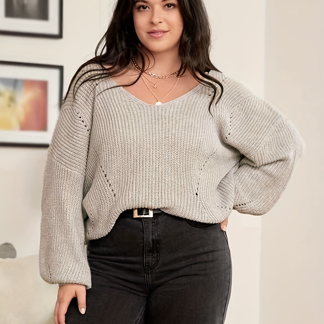 Antmvs Plus Size Casual Sweater, Women's Plus Plain Lantern Sleeve V Neck Slight Stretch Sweater