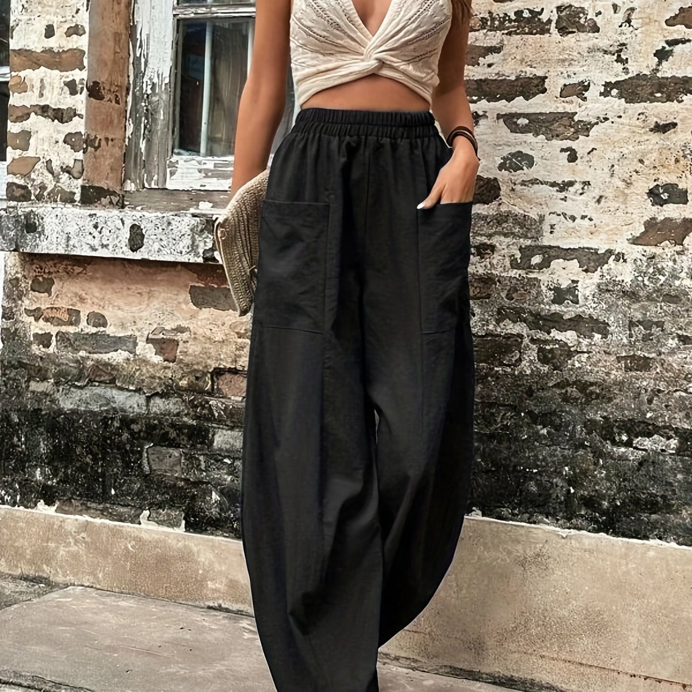 Antmvs Boho Solid Elastic Waist Harem Pants, Casual Long Length Baggy Pants With Pockets For Spring & Summer, Women's Clothing