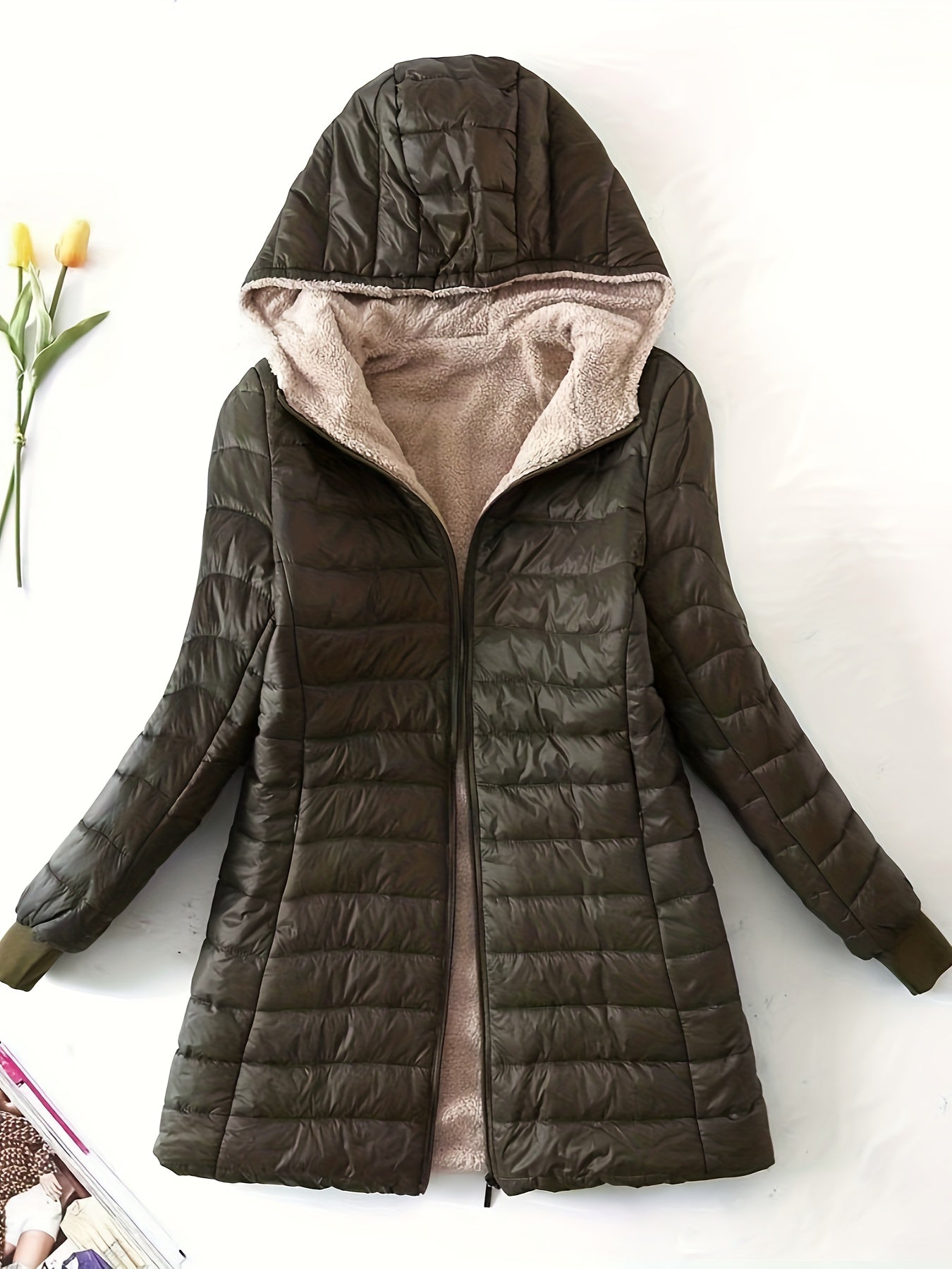 Antmvs Mid-length Hooded Slim Fit Fleece Padded Jacket, Warm Solid Color Causal Winter Coat, Women's Activewear